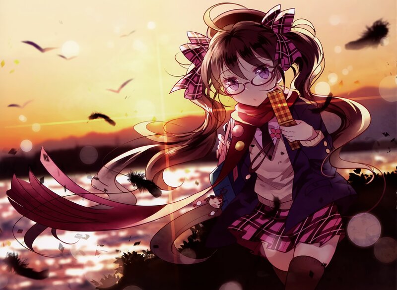 Anime Girl with Glasses — Purple, Dramatic, Sunset