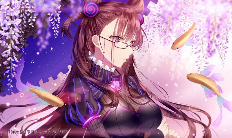 Anime Girl with Glasses — Purple, Serene, Spring, Digital Art