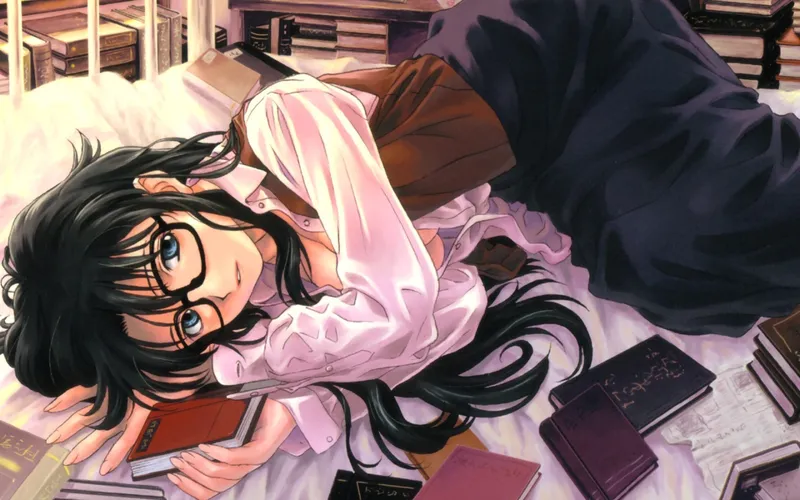 anime girl with glasses reading
