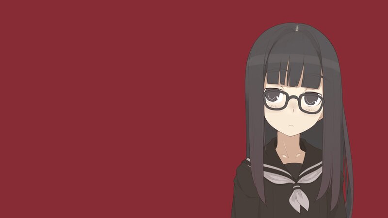 Anime Girl with Glasses — Red, Neutral, School Uniform, Black Hair, Gray, White