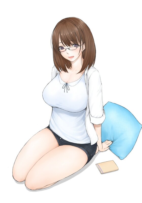 anime girl with glasses sitting