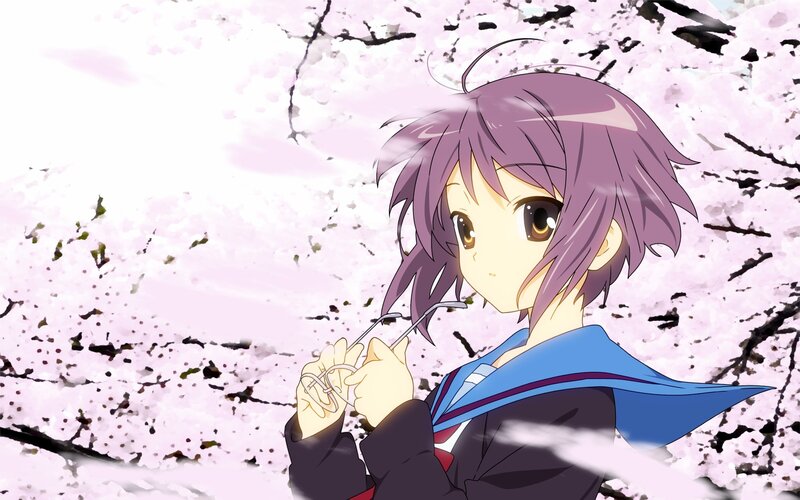 anime girl with glasses under cherry blossoms