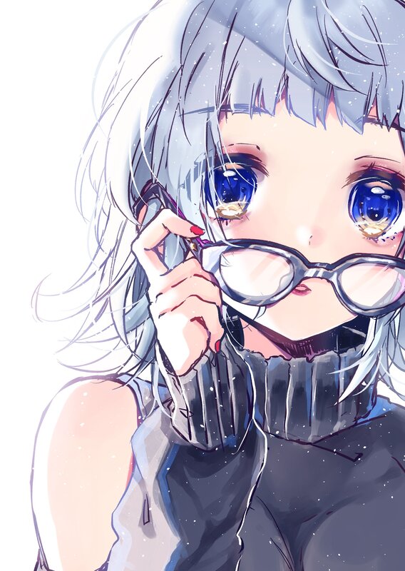 Anime Girl with Glasses — White, Calm, Digital Art, Silver Hair