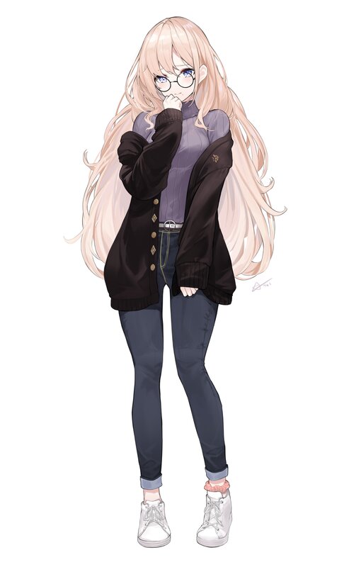 Anime Girl with Glasses — White, Neutral, Digital Art, Long Hair