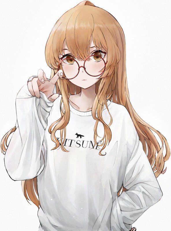 Anime Girl with Glasses — White, Neutral, Long Hair, Sweatshirt
