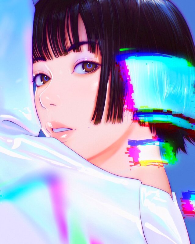 Anime Girl with Glitch Effect — Blue