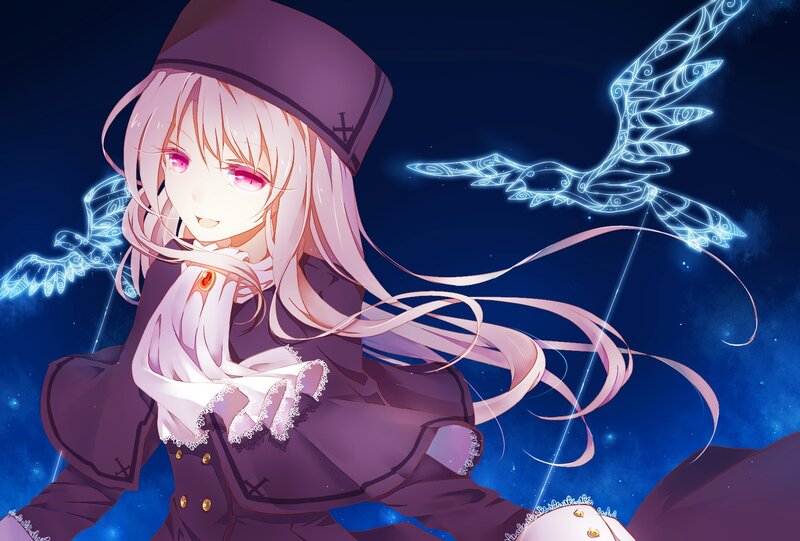Anime Girl with Glowing Birds — Purple