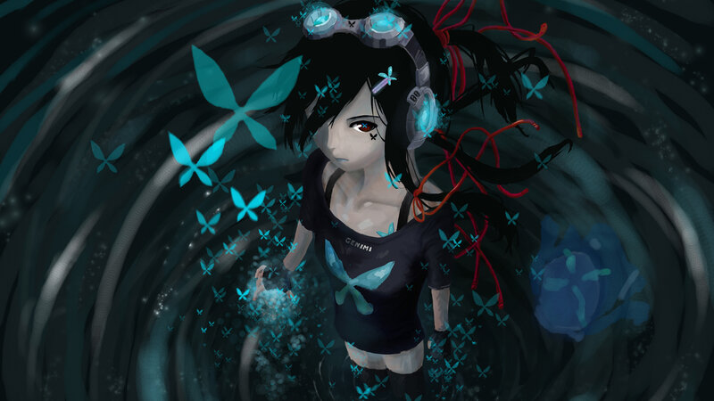 anime girl with glowing butterflies