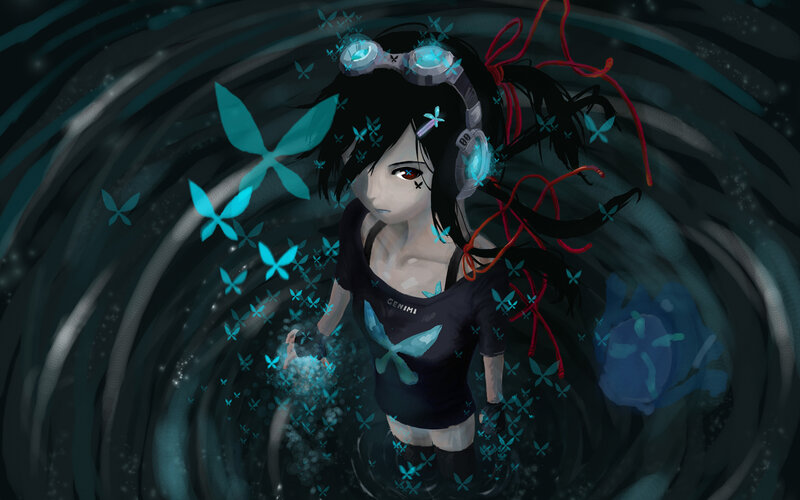 anime girl with glowing butterflies