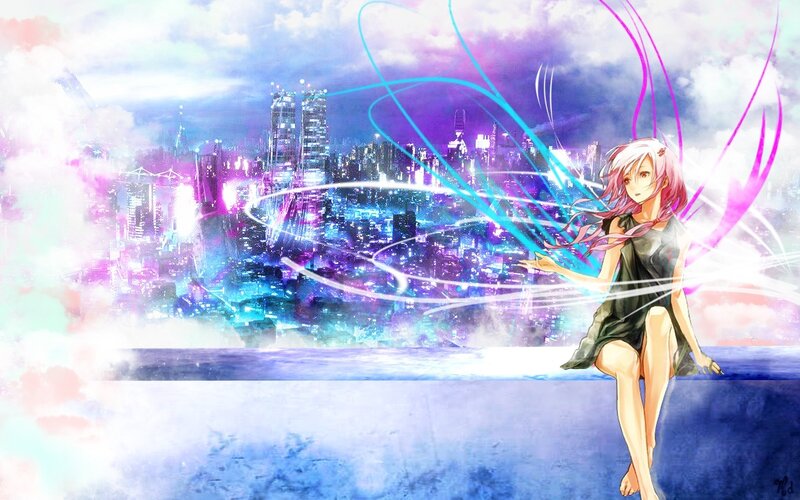 anime girl with glowing city