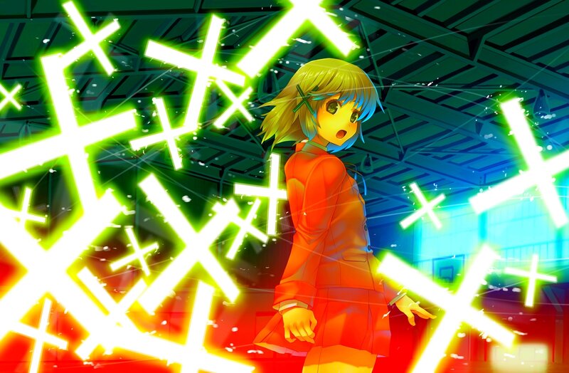 anime girl with glowing crosses