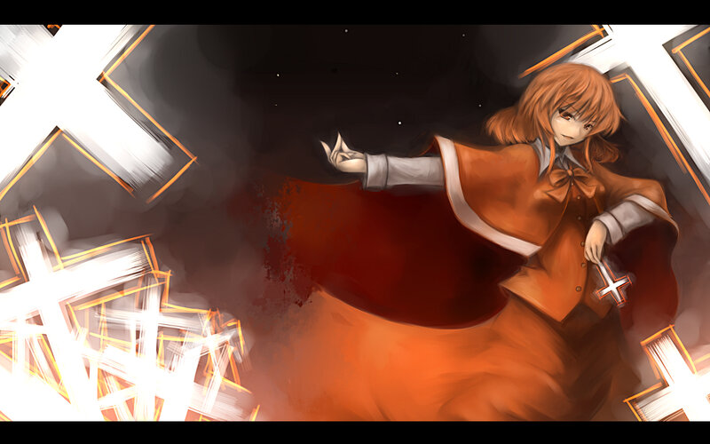 anime girl with glowing crosses