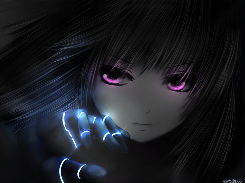 Anime Girl with Glowing Eyes — Black, Dramatic, Night, Digital Art, Glowing Hand