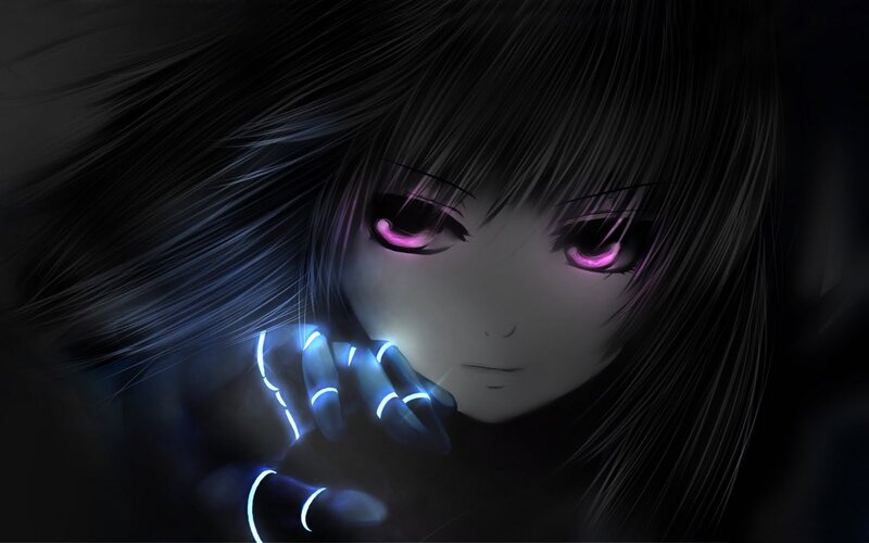Anime Girl with Glowing Eyes — Black, Dramatic, Night, Digital Art, Glowing Hands
