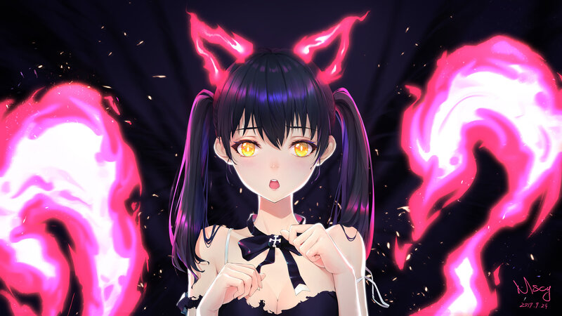 Anime Girl with Glowing Eyes — Black, Dramatic, Night, Digital Art, Glowing Horns