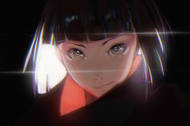 Anime Girl with Glowing Eyes — Black, Dramatic, Night, Digital Art, Glowing Light