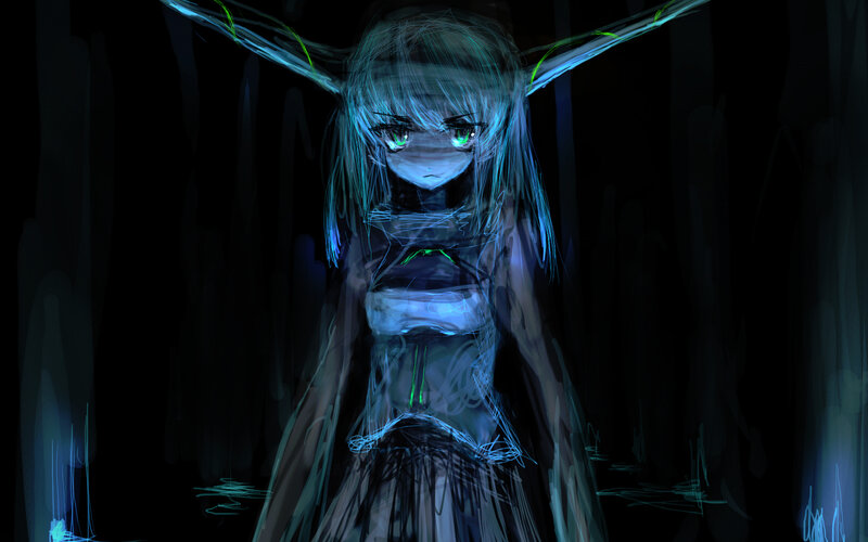 Anime Girl with Glowing Eyes — Black, Dramatic, Night, Digital Art, Glowing Lines