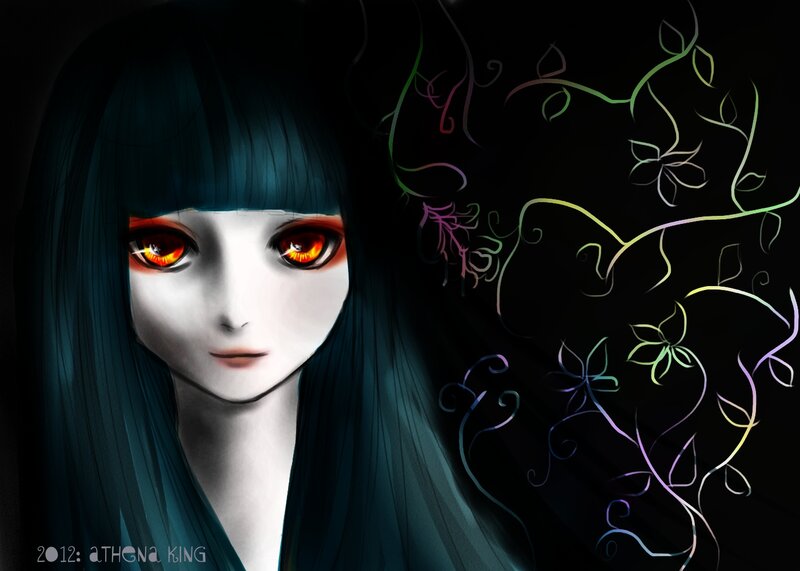 Anime Girl with Glowing Eyes — Black, Dramatic, Night, Digital Art, Glowing Vines