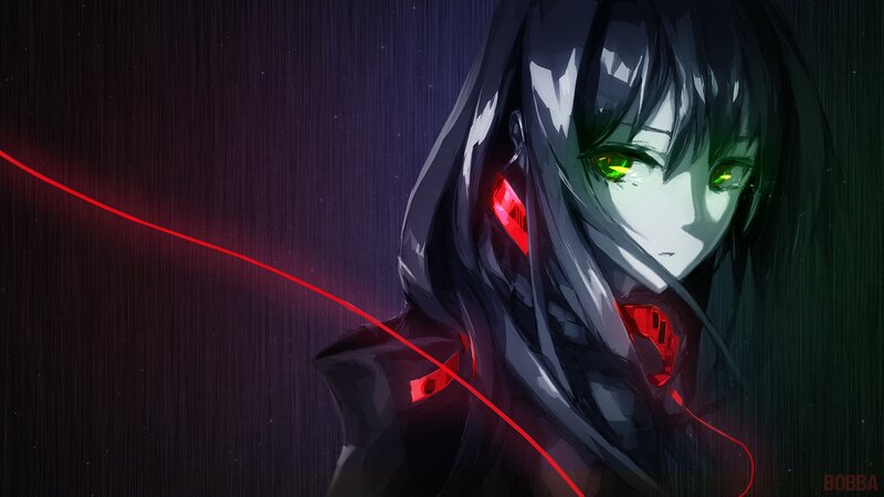 Anime Girl with Glowing Eyes — Black, Dramatic, Night, Digital Art, Red Lights