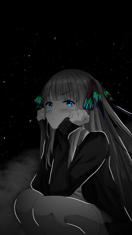 Anime Girl with Glowing Eyes — Black, Dramatic, Night, Digital Art, Stars