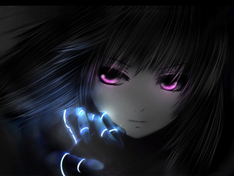 Anime Girl with Glowing Eyes — Black, Dramatic, Night