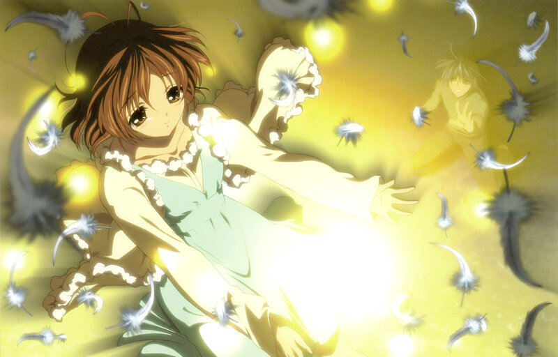 anime girl with glowing feathers