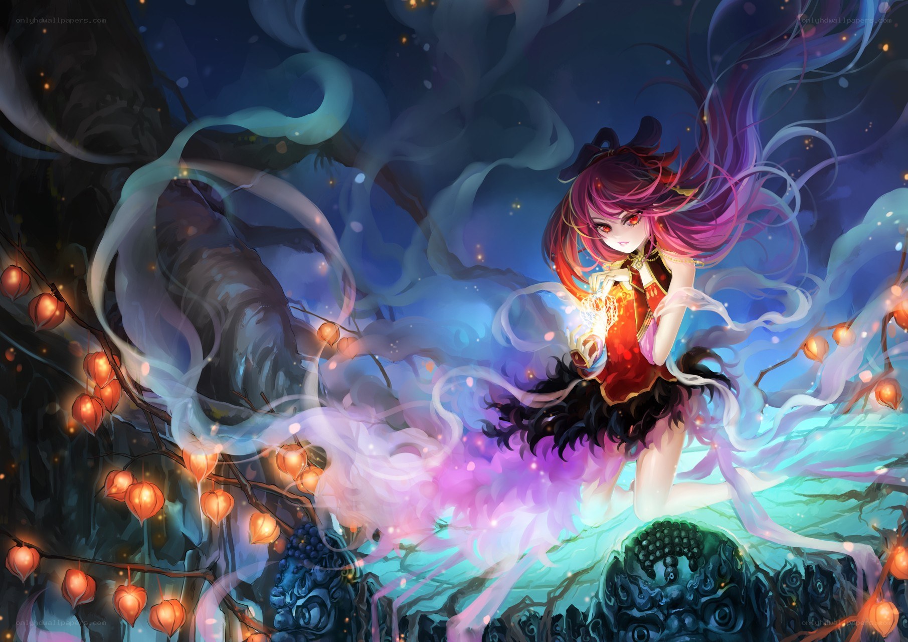 Anime girl with glowing lanterns