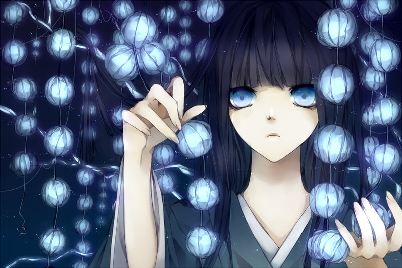anime girl with glowing lanterns