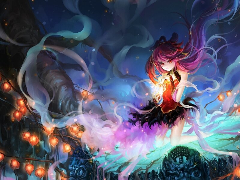 Anime Girl with Glowing Lanterns — Purple