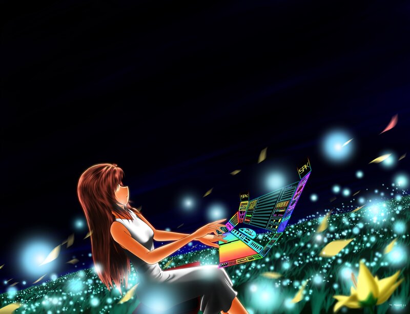 Anime girl with glowing laptop