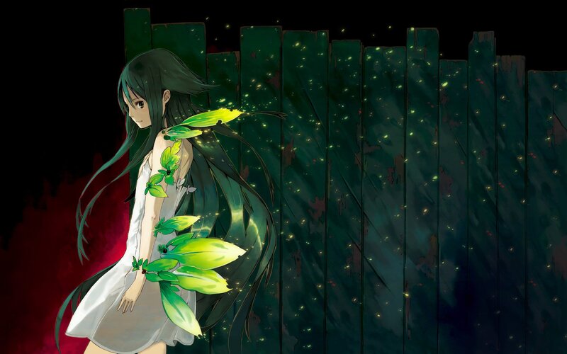 anime girl with glowing leaves