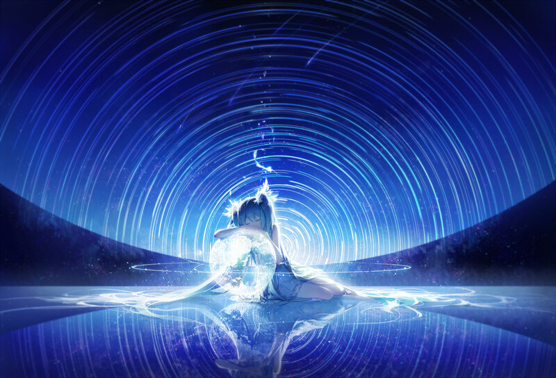 Anime Girl with Glowing Orb — Blue, Serene, Night