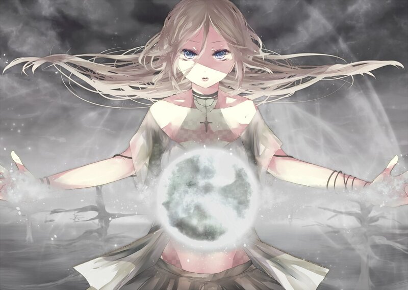 Anime Girl with Glowing Orb — Gray, Dramatic, Digital Art