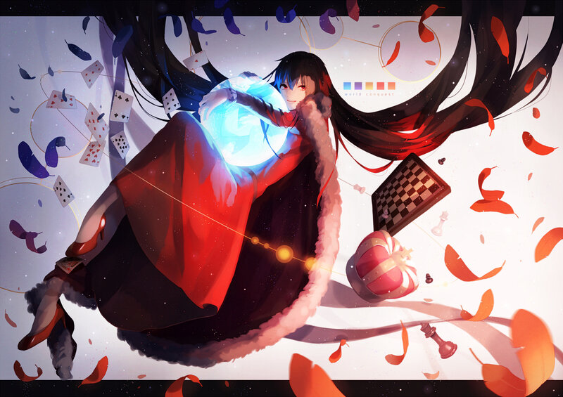 Anime Girl with Glowing Orb — Red, Dramatic, Digital Art, Playing Cards