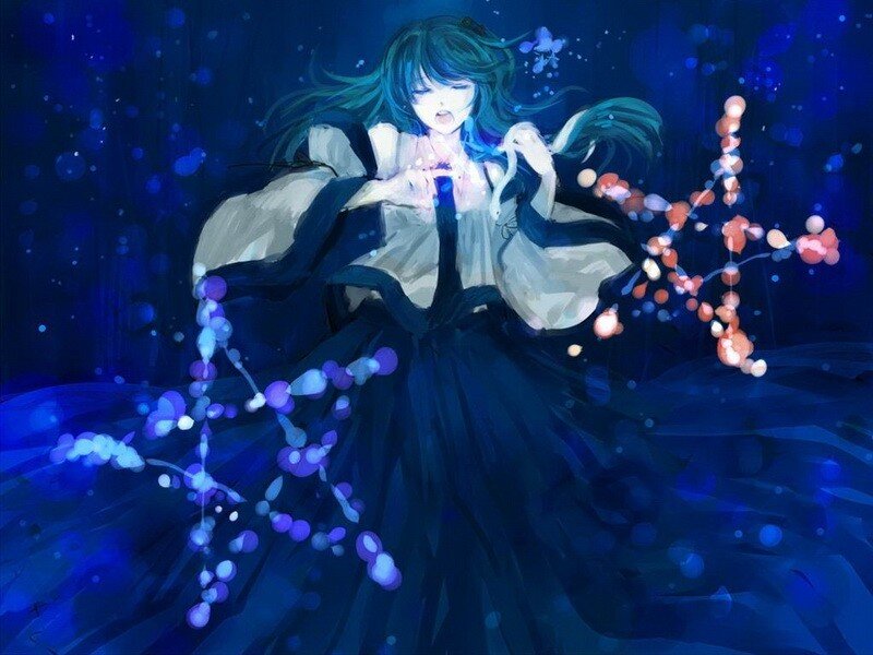 anime girl with glowing orbs