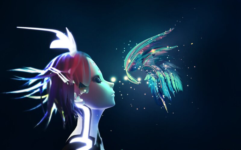 Anime Girl with Glowing Wings — Blue, Serene