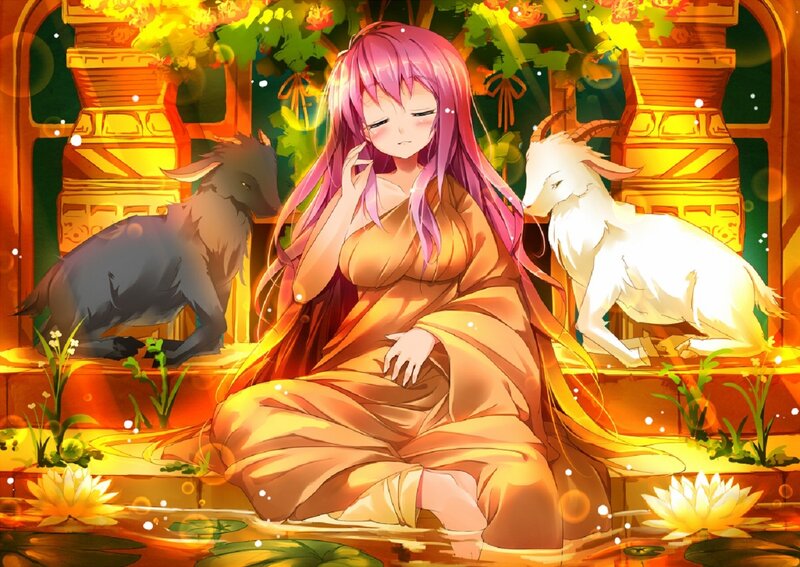 Anime girl with goats in garden