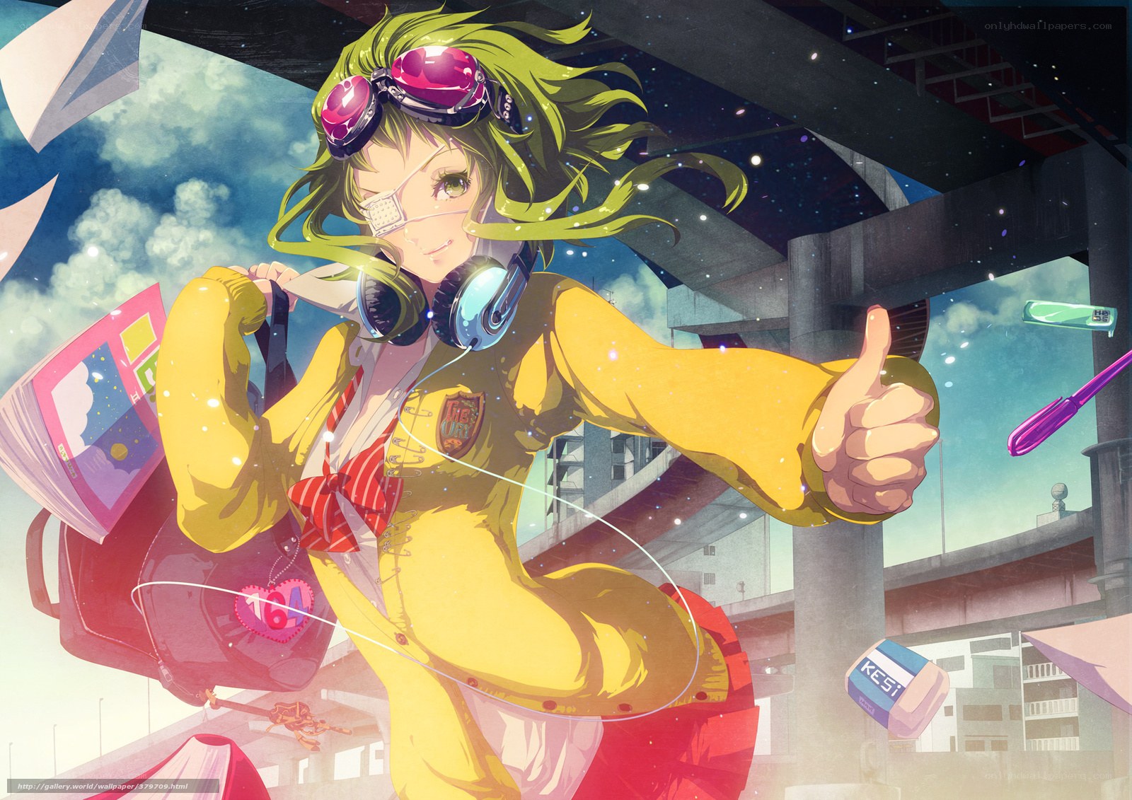 anime girl with goggles and headphones