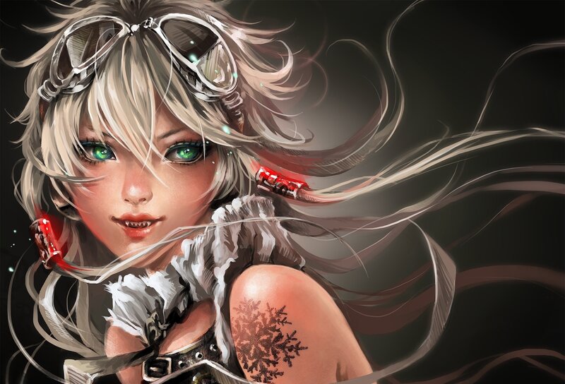 Anime Girl with Goggles — Black, Dramatic, Digital Art, Tattoo