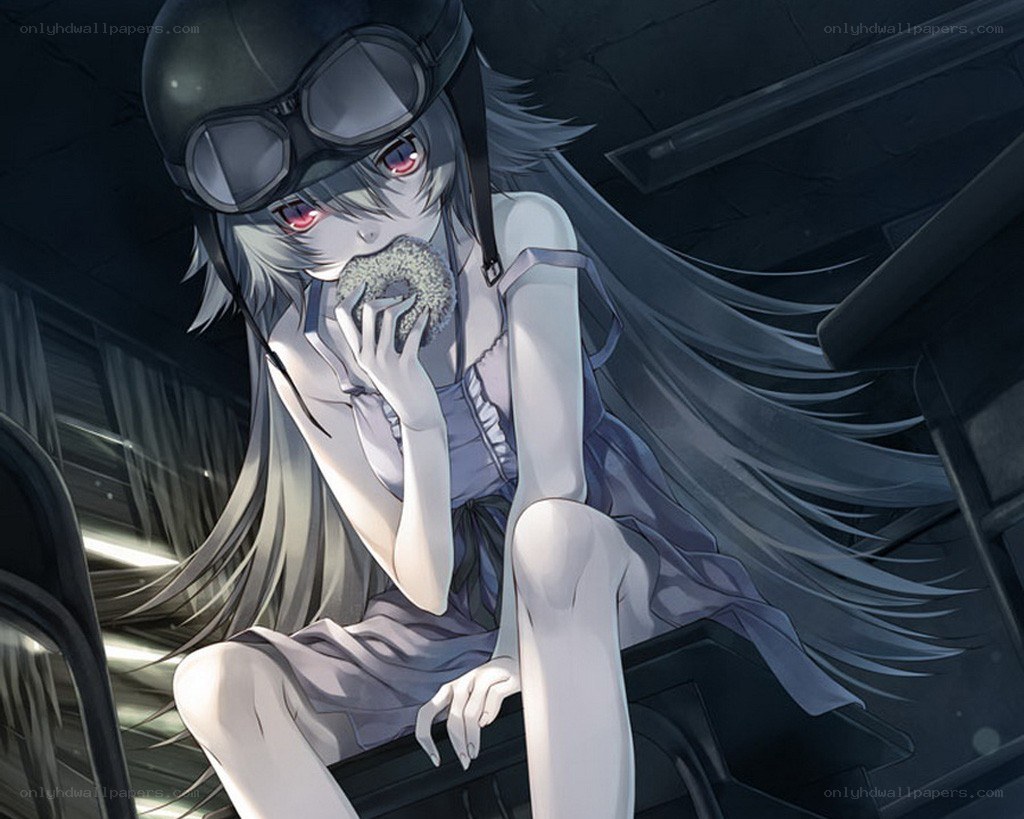 anime girl with goggles eating