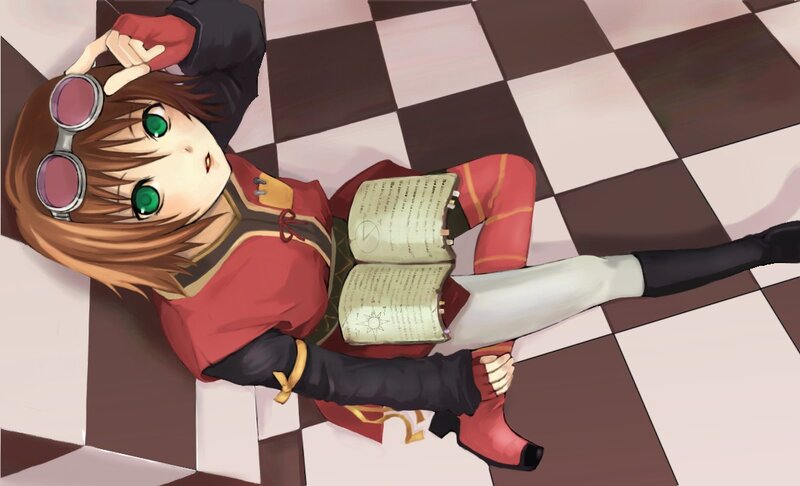 anime girl with goggles reading