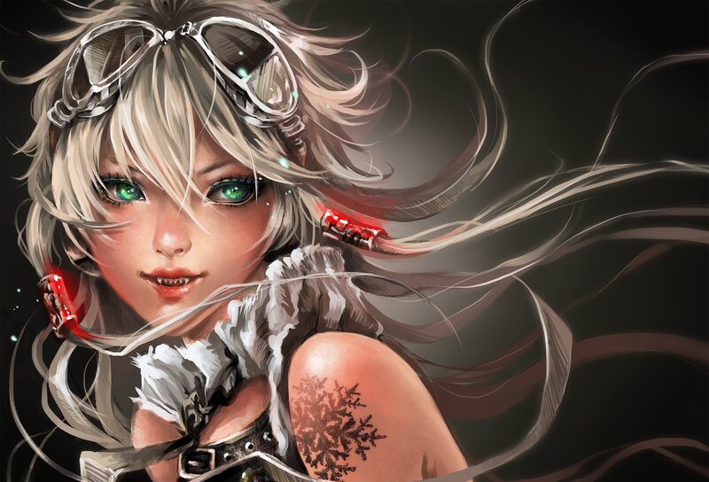 Anime Girl with Goggles — White, Dramatic, Digital Art, Tattoo