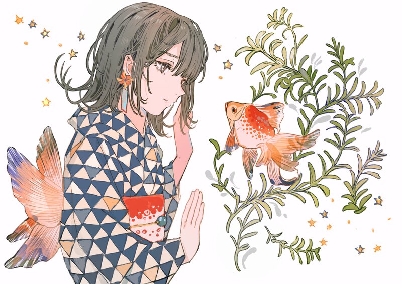 Anime Girl with Goldfish — Blue, Serene, Digital Art, Plants