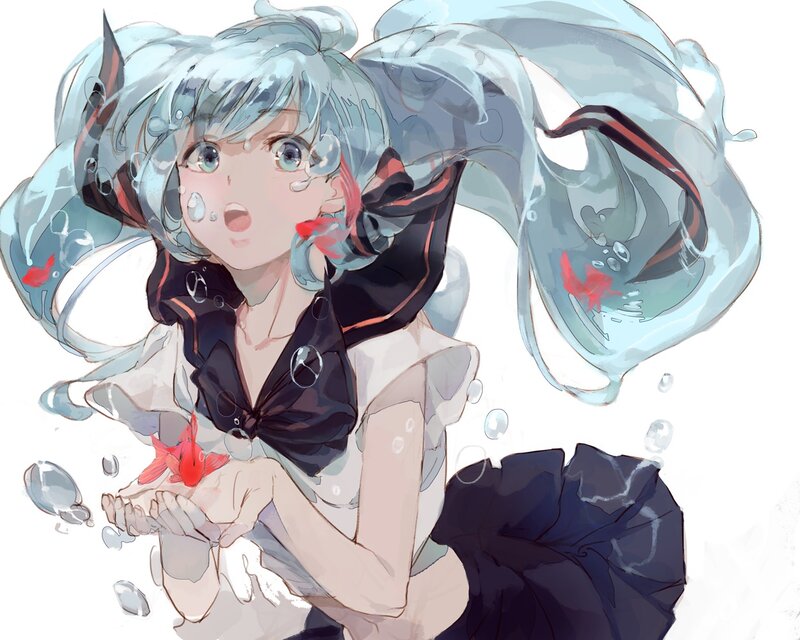 Anime Girl with Goldfish — Blue