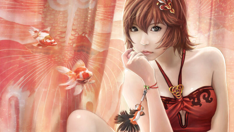 Anime Girl with Goldfish — Red, Serene, Digital Art, Red Dress, Hair Ornament