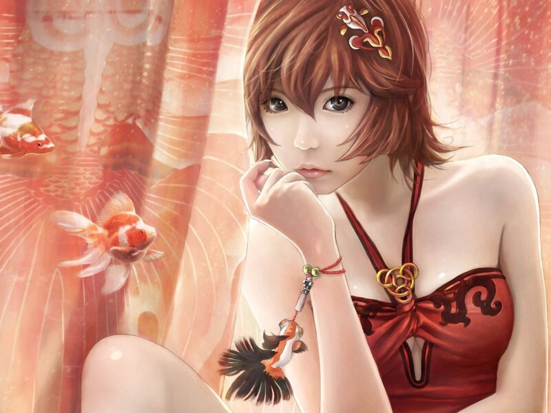 Anime Girl with Goldfish — Red, Serene, Digital Art, Red Dress