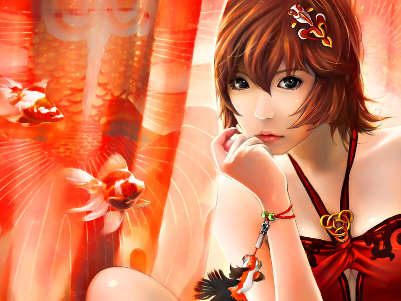 Anime Girl with Goldfish — Red