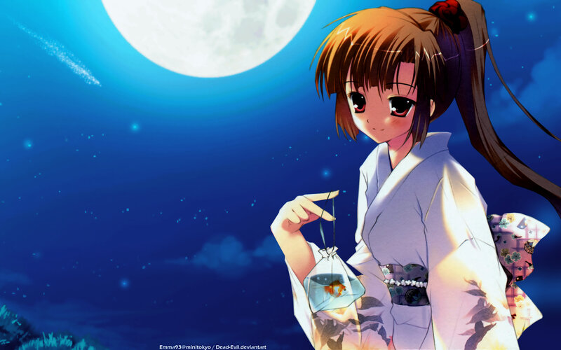 anime girl with goldfish under moon