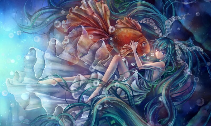 Anime girl with goldfish underwater