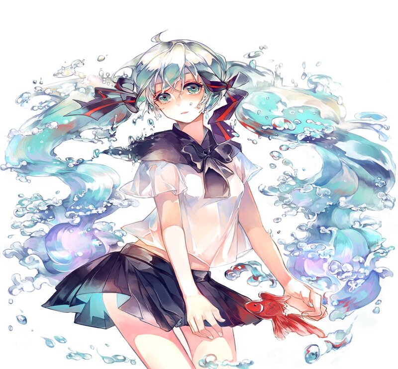Anime Girl with Goldfish — White